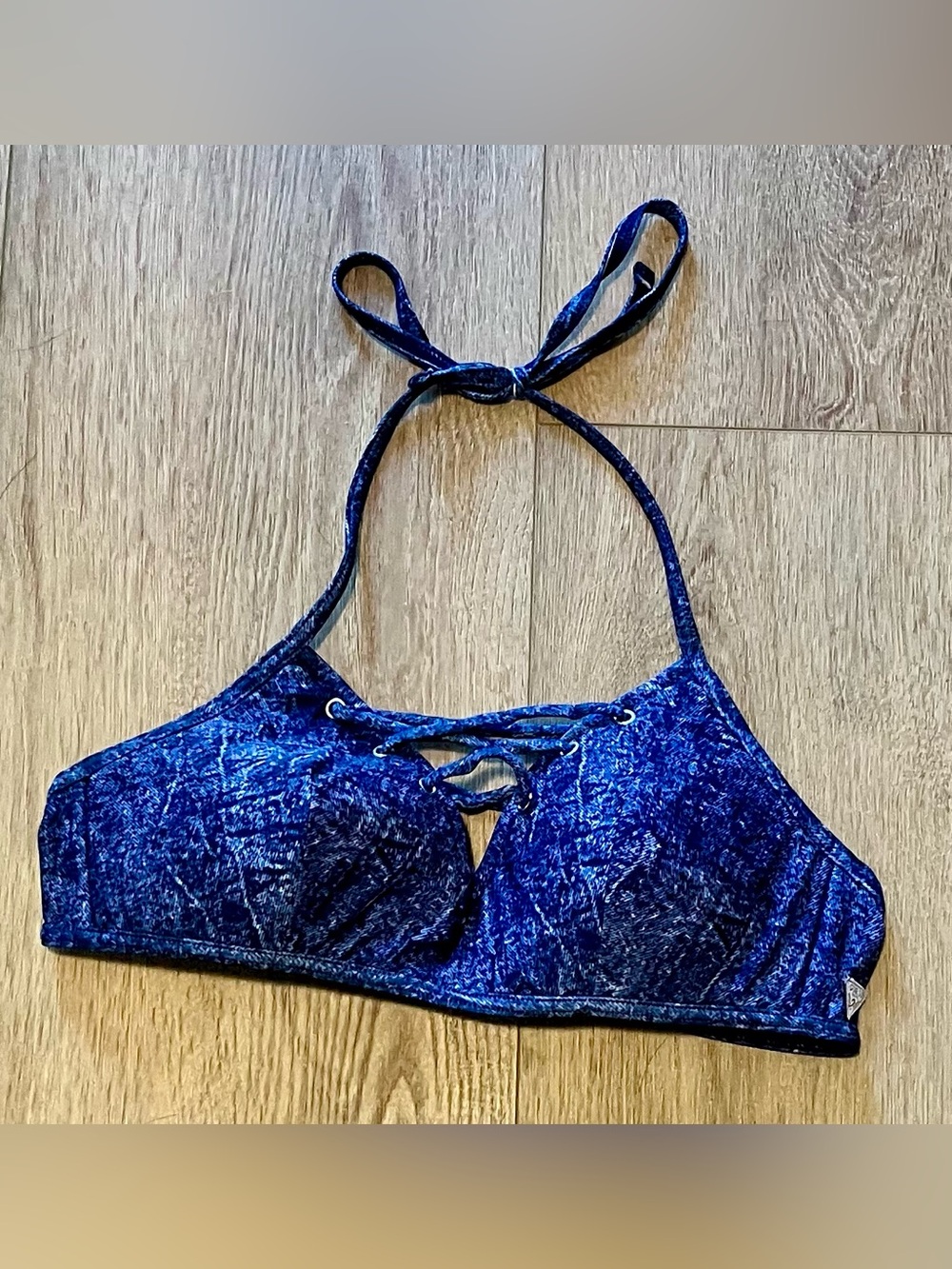 Guess Denim Blue Lace-Up Halter Bikini Top
